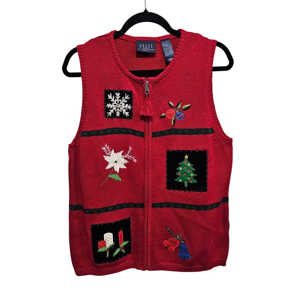 CRAZY HORSE Red Sweater Vest Vintage 1990s Liz Claiborne Ugly Christmas Size PXL